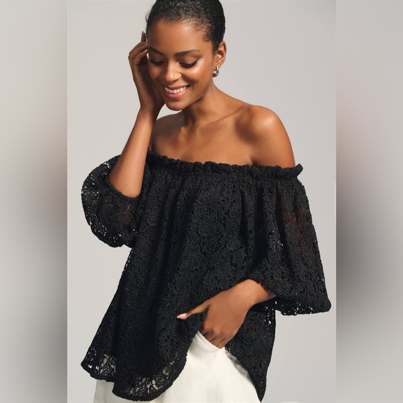 Anthropologie Maeve Eyelet Off The Shoulder Oversized Lace Black Top Size M - Picture 7 of 7